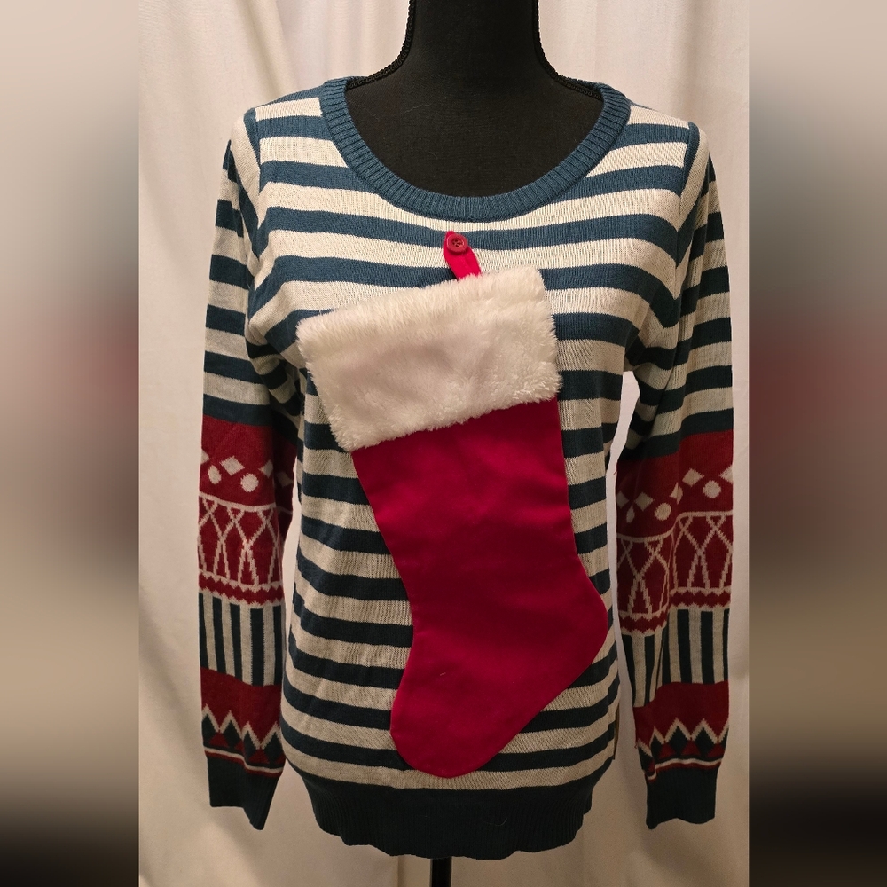 Tipsy Elves Ugly Christmas Striped Sweater w/ Stocking Pocket S